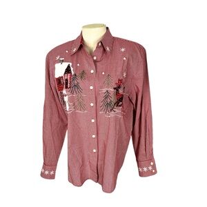 Vintage red gingham Christmas top button front Appliqués embroidery Deer snowman